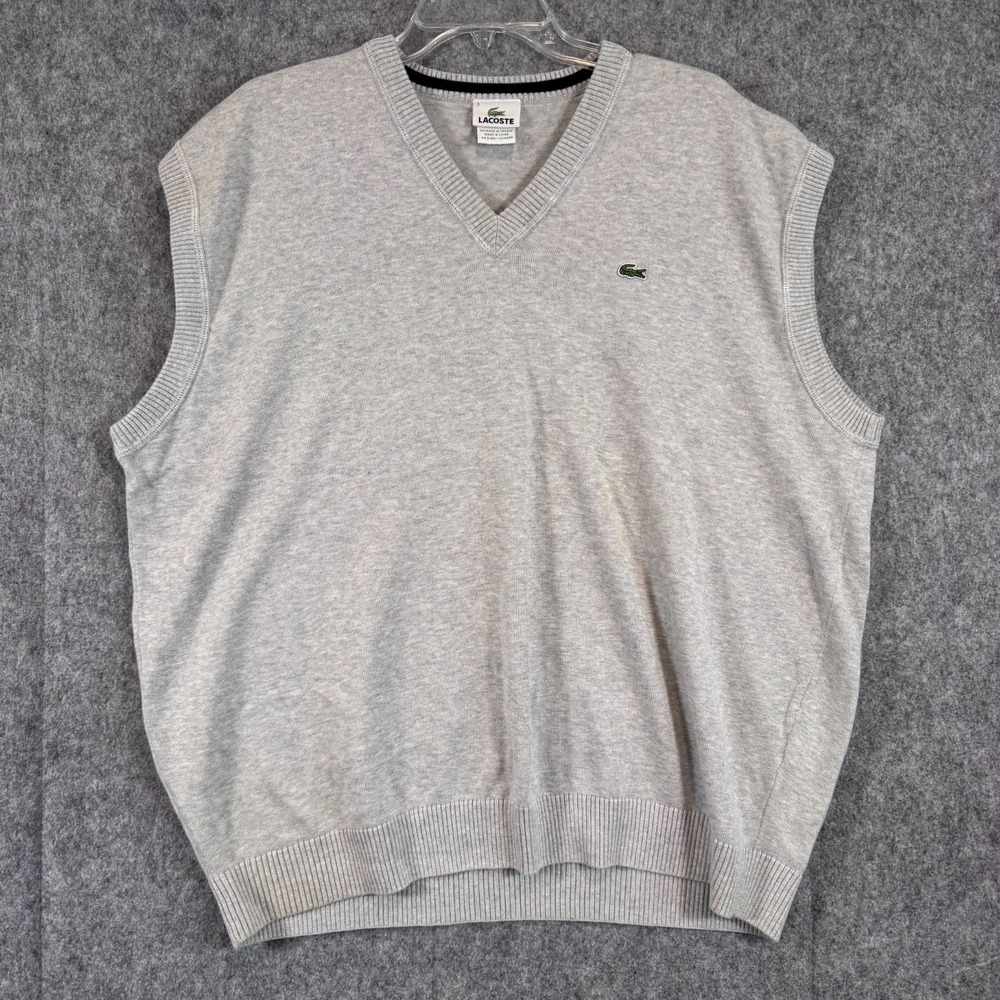 Lacoste Mens Sweater Vest V-Neck Logo Knit Size 9 4XL Grey Academia Sport